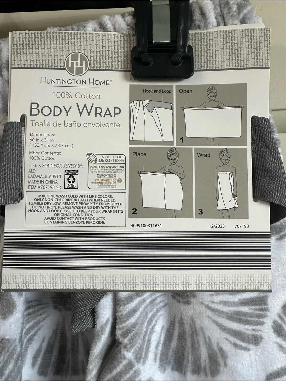 Huntington Home Cotton Spa Body Wrap Gray Floral Bath Towel NWT